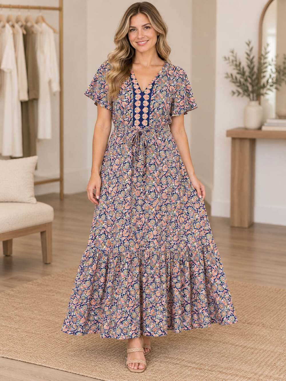Boden Honeycomb Bloom Floral Jersey Maxi Dress Notch Neck US 12R